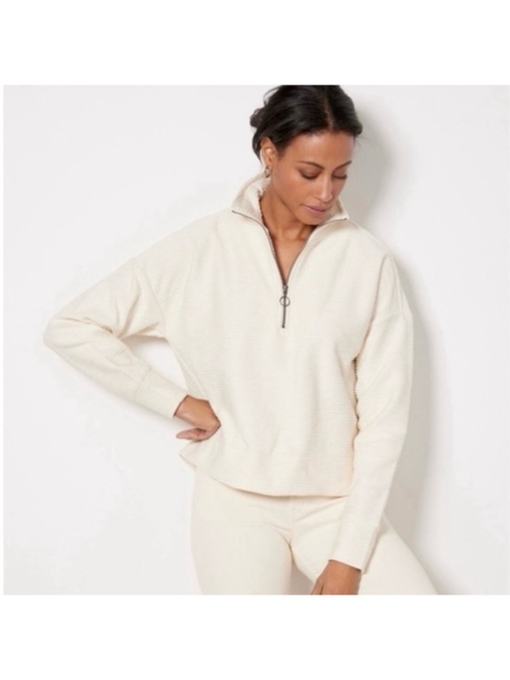 Sweaty Betty Sweater Rest Up Half Zip Pullover Long Sleeve Textured Cream Sz 8